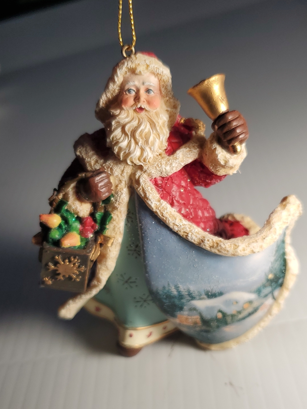 Thomas Kinkade Classic Santa Bell Ornament in Red and Gold - Holiday Home Accent